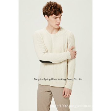 Leather Lamb Wool Nylon Round Neck Men Knit Sweater